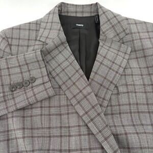 Theory Windowpane NWOT Double Breasted WOOL Glen Plaid Blazer Grey Burgundy Sz 6
